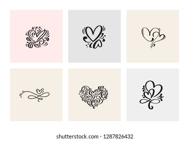 Set of six vintage Vector Valentines Day Hand Drawn Calligraphic Heart. Calligraphy lettering illustration. Holiday Design valentine. Icon love decor for web, wedding and print. Isolated