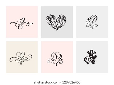Set of six vintage Vector Valentines Day Hand Drawn Calligraphic Heart. Calligraphy lettering illustration. Holiday Design valentine. Icon love decor for web, wedding and print. Isolated