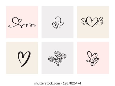 Set of six vintage Vector Valentines Day Hand Drawn Calligraphic Heart. Calligraphy lettering illustration. Holiday Design valentine. Icon love decor for web, wedding and print. Isolated