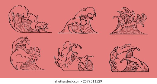 Set of six vintage wave illustrations on a pink background. Each wave design is unique, showcasing different wave forms and styles in a classic, artistic manner. Nature illustrations, element vectors.
