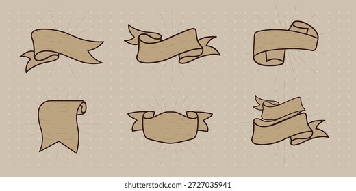 Set of six vintage-style banners. Each banner has a unique shape, perfect for design projects. Vintage banners add a classic touch to any design. Ribbon banner vector set.