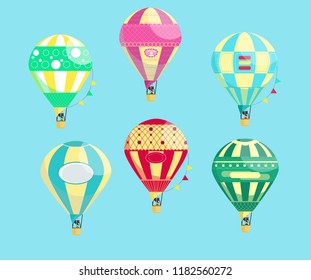 Set of six vivid colorful flat hot air balloons with a man in the basket and fire, isolated on blue background, avaliable for festival or holiday