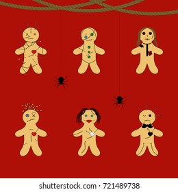 A set of six voodoo dolls. Decorative elements for Halloween