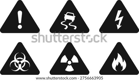 Set of six warning signs including general caution, slippery surface, high voltage, biohazard, radiation, and fire risks