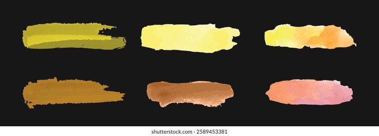 Set of six watercolor brush strokes in various colors on a dark background. Brush strokes in yellow, orange, brown, and pink hues. Artistic brush strokes. Element vector set.