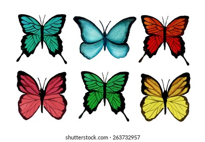 Set of six watercolor butterflies. Vector illustration