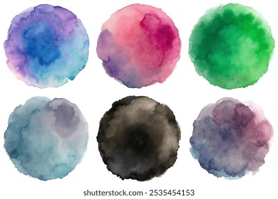 A set of six watercolor circles with different colors and shades. The circles are arranged in a row, with the first one being blue and the last one being green