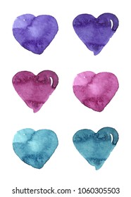 Set of six watercolor vector hearts.