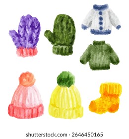 a set of six watercolored winter hats and mittens
