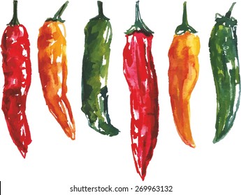 A set of six watercolour chili peppers, vector drawing