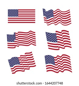 Set of six wavy USA  flags. United States patriotic national symbol.