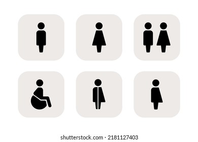 Set Of Six Way Finding Linear Vector Icons. Plates On The Door, The Scheme Of Movement. Icons For The Airport, Office, Cafe. Men, Women, Disabled People, Toilet, Way Finding, Wc. Icons With People.