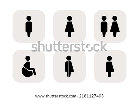 Set of six way finding linear vector icons. Plates on the door, the scheme of movement. Icons for the airport, office, cafe. Men, women, disabled people, toilet, way finding, wc. Icons with people.