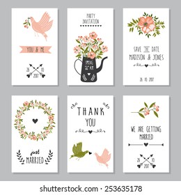 Set of six wedding card or invitations. Wedding, marriage, birthday, Valentine's day. Stylish simple design. Vector illustration.