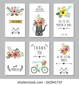 Set of six wedding card or invitations. Wedding, marriage, birthday, Valentine's day. Stylish simple design. Vector illustration.