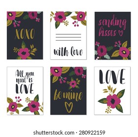 Juego de seis tarjetas de boda o invitaciones con letras. Boda, matrimonio, cumpleaños, día de San Valentín. Diseño elegante y sencillo. Ilustración vectorial.