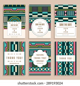 Set of six wedding and thank you cards with Art Deco ornaments. Collection of romantic banners with trendy patterns. Template for greeting or save the date card or invitation. Vector file is EPS8.
