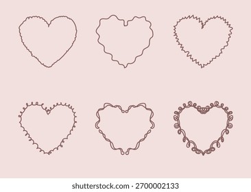 Conjunto de seis marcos en forma de corazón de arte de línea dibujado a mano caprichoso