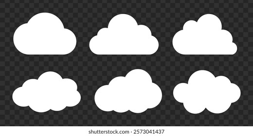 Set of six white cloud icons on a transparent background. Cloud shapes vary in size and form. Perfect for weather, sky, or nature themes. Cloud icons collection. Weather illustration, vector set.