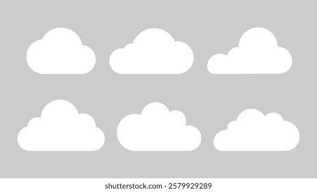 Set of six white cloud icons on a gray background. Cloud shapes vary slightly. Simple cloud design. Cloud icons for weather or digital themes. Weather illustration, vector set.