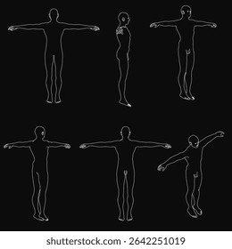 A set of six white contours of a man with outstretched arms stands out against a black background. The stark contrast creates a striking visual effect, ideal for minimalist designs or conceptual.