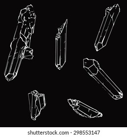Set of six white crystals in black background
