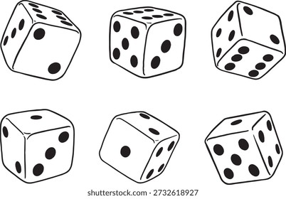 Set of six white dice with black dots in various angles. Vector illustration of gambling cubes for board games, casino, and luck concepts. Linear hand-drawn style isolated on white.