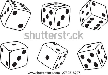 Set of six white dice with black dots in various angles. Vector illustration of gambling cubes for board games, casino, and luck concepts. Linear hand-drawn style isolated on white.