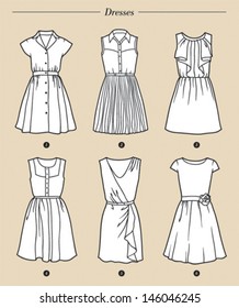 set of six white dresses on light brown background