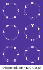Set of six white flat circle icons on the theme of healthy lifestyle, fitness and sports nutrition. Vector illustration