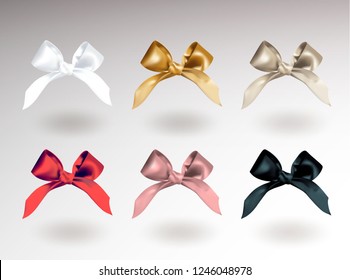 Set of six white, golden, silver, red, pink and black elegant bows with knots. Object isolated on white background with shadow. Realistic vector illustration.