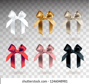 Set of six white, golden, silver, red, pink and black elegant bows with knots. Object isolated on transparent background with gradient. Realistic vector illustration.