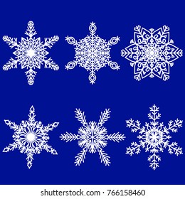 Set of six white snowflakes on blue background