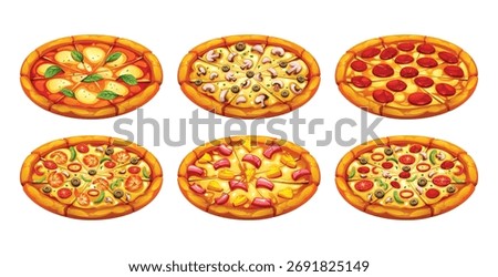 Set of six whole round pizzas with different toppings including Margherita, pepperoni, and mushroom, isolated on white. Vector cartoon illustration