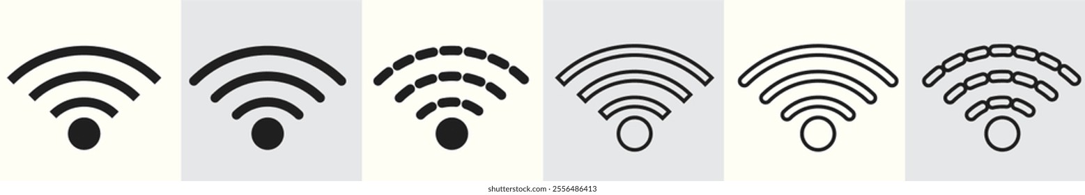 Set of six Wi-Fi signal icons in different styles, ranging from solid to outlined and dashed lines, representing wireless connectivity and signal strength variations.