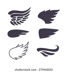 Set of Six Wings Silhouettes. Decoration Elements for Label, Logos, Emblems and Icons. Vector Isolated Tattoo Feathers.
