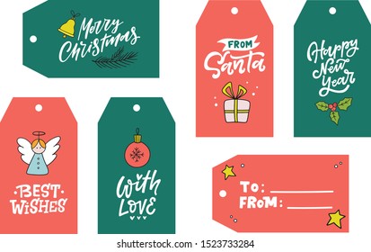 Set of six winter holiday Christmas gift tags. Vector illustration. Isolated on white background