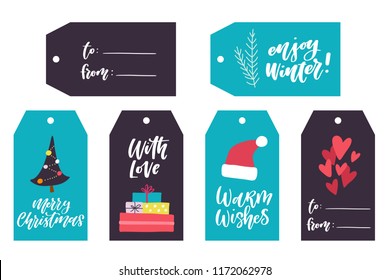 Set of six winter holiday gift tags. Christmas designs. Vector illustration 