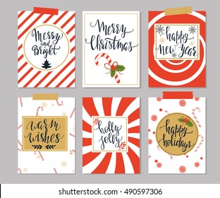 Set of six winter holidays cards with hand lettering phrases