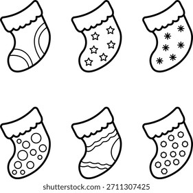 Conjunto de seis iconos de calcetines de invierno con diferentes patrones y diseños para Navidades y vacaciones