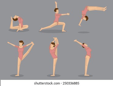 Set of six woman in pink leotard doing gymnastic exercises to increase flexibility. Vector icons isolated on grey background