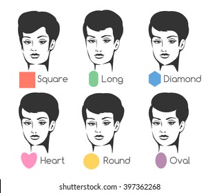 Set of six woman's face shapes. Isolated on white. Free font used.