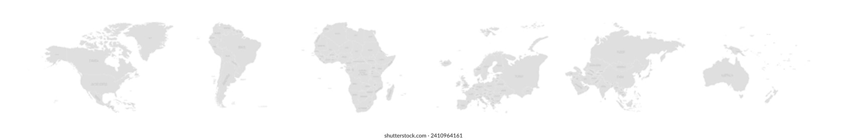 Eine Reihe von sechs Weltkontinentenkarten in Folge - Nordamerika, Südamerika, Afrika, Europa, Asien und Australien. Flache graue Vektorkarte mit Ländernamen