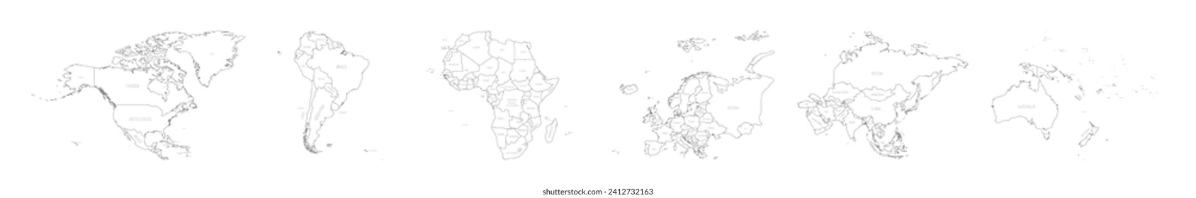 Set of six world continent maps in a row - North America, South America, Africa, Europe, Asia and Australia. Thin black outline vector map with country name labels