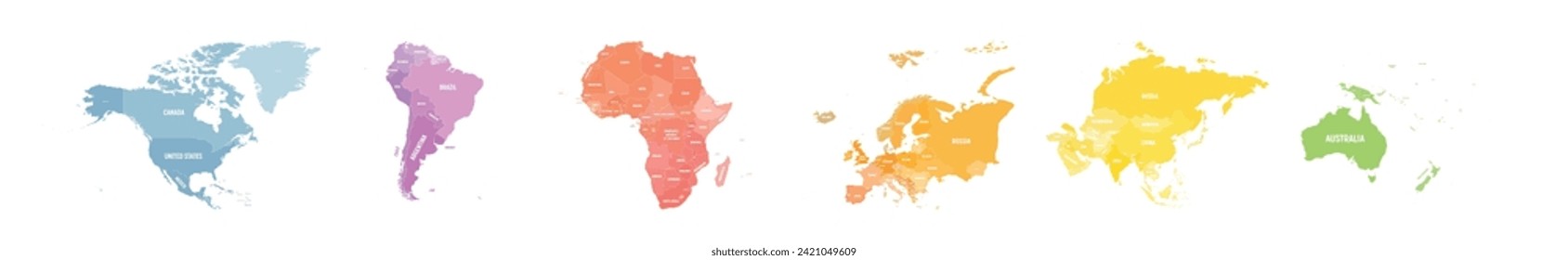 Set of six world continent maps in a row - North America, South America, Africa, Europe, Asia and Australia. Flat vector map with country name labels