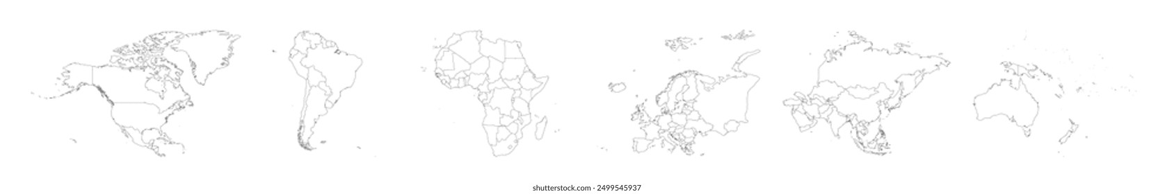 Set of six world continent maps in a row - North America, South America, Africa, Europe, Asia and Australia. Thin black outline blank vector map