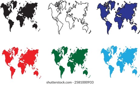 Set of six world maps with black white blue red green and sky blue