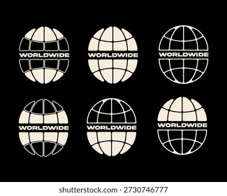 Conjunto de seis logotipos globo mundial com texto horizontal em um preto