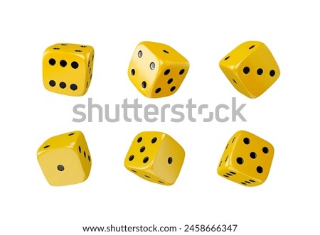 Set of six yellow 3D dice icons tumbling in various orientations, showcasing each side's number in a vibrant vector illustration.