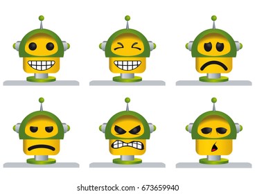 Set of six yellow and green robot faces, laughing, sad, angry and tired  - Vector image